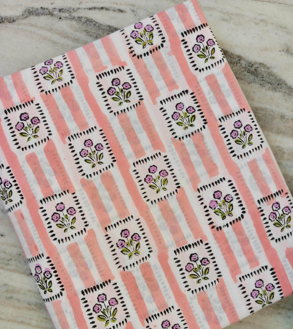 Pink & White Cotton Fabric by the Yard, Floral Block Print Style Cotton Fabric with Vertical Stripe Design,  Fabric for Sewing, Dressmaking