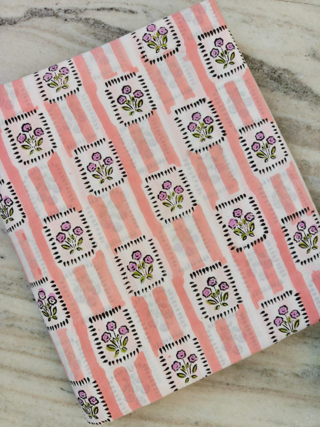 Pink & White Cotton Fabric by the Yard, Floral Block Print Style Cotton Fabric with Vertical Stripe Design,  Fabric for Sewing, Dressmaking