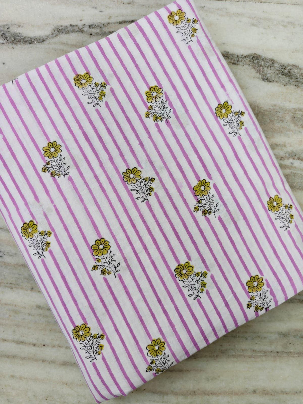 Pink Stripe Floral Cotton Fabric by the Yard, Soft Cotton Dressmaking Fabric, Yellow Daisy Block Print Fabric, Sewing Fabric, Summer Apparel