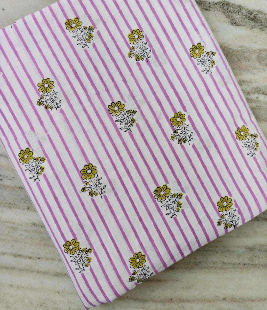 Pink Stripe Floral Cotton Fabric by the Yard, Soft Cotton Dressmaking Fabric, Yellow Daisy Block Print Fabric, Sewing Fabric, Summer Apparel