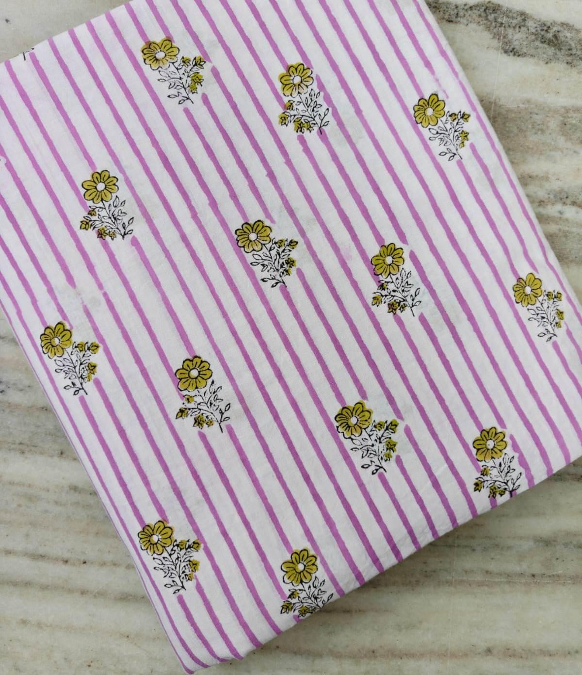 Pink Stripe Floral Cotton Fabric by the Yard, Soft Cotton Dressmaking Fabric, Yellow Daisy Block Print Fabric, Sewing Fabric, Summer Apparel