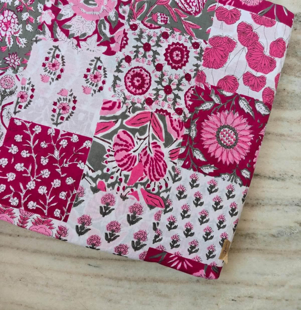 Pink Patchwork Floral Cotton Fabric by the Yard, Block Print Cotton Fabric, Handmade Dress Material, Sewing Craft Fabric Boho Floral Textile