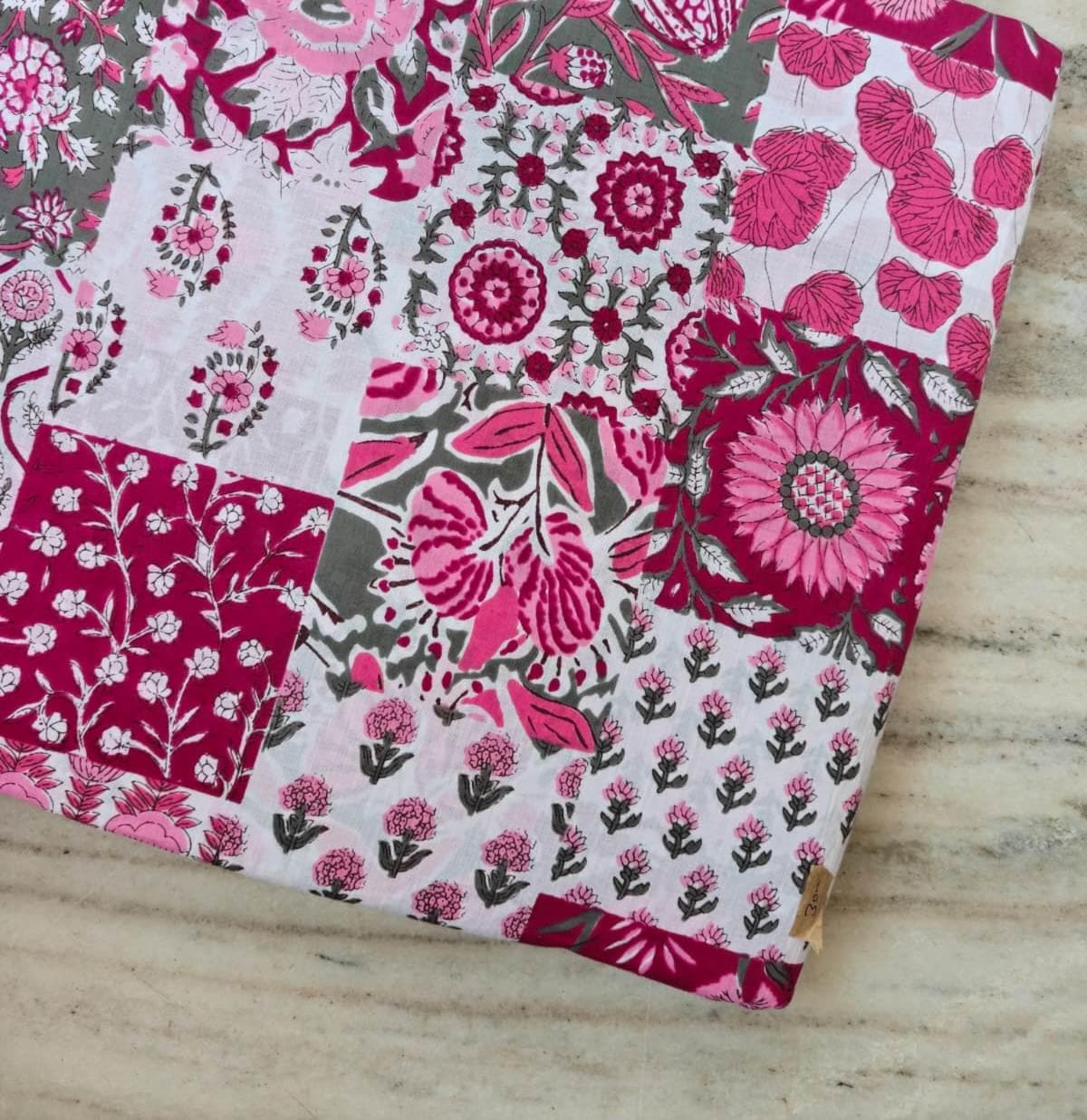 Pink Patchwork Floral Cotton Fabric by the Yard, Block Print Cotton Fabric, Handmade Dress Material, Sewing Craft Fabric Boho Floral Textile