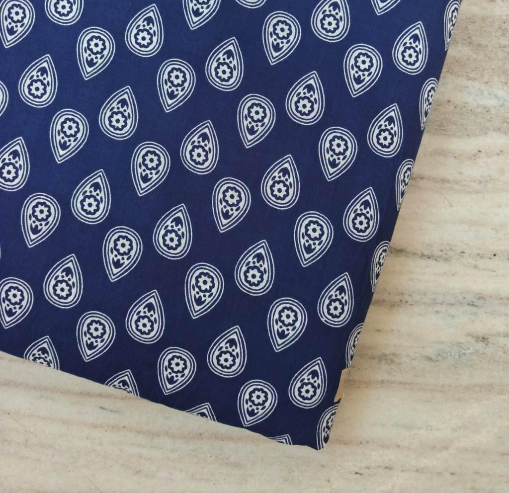 Navy Blue Cotton Fabric by the Yard, White Paisley Print Fabric, Floral Block Print Cotton, Quilting Fabric, Dressmaking Material Fabric