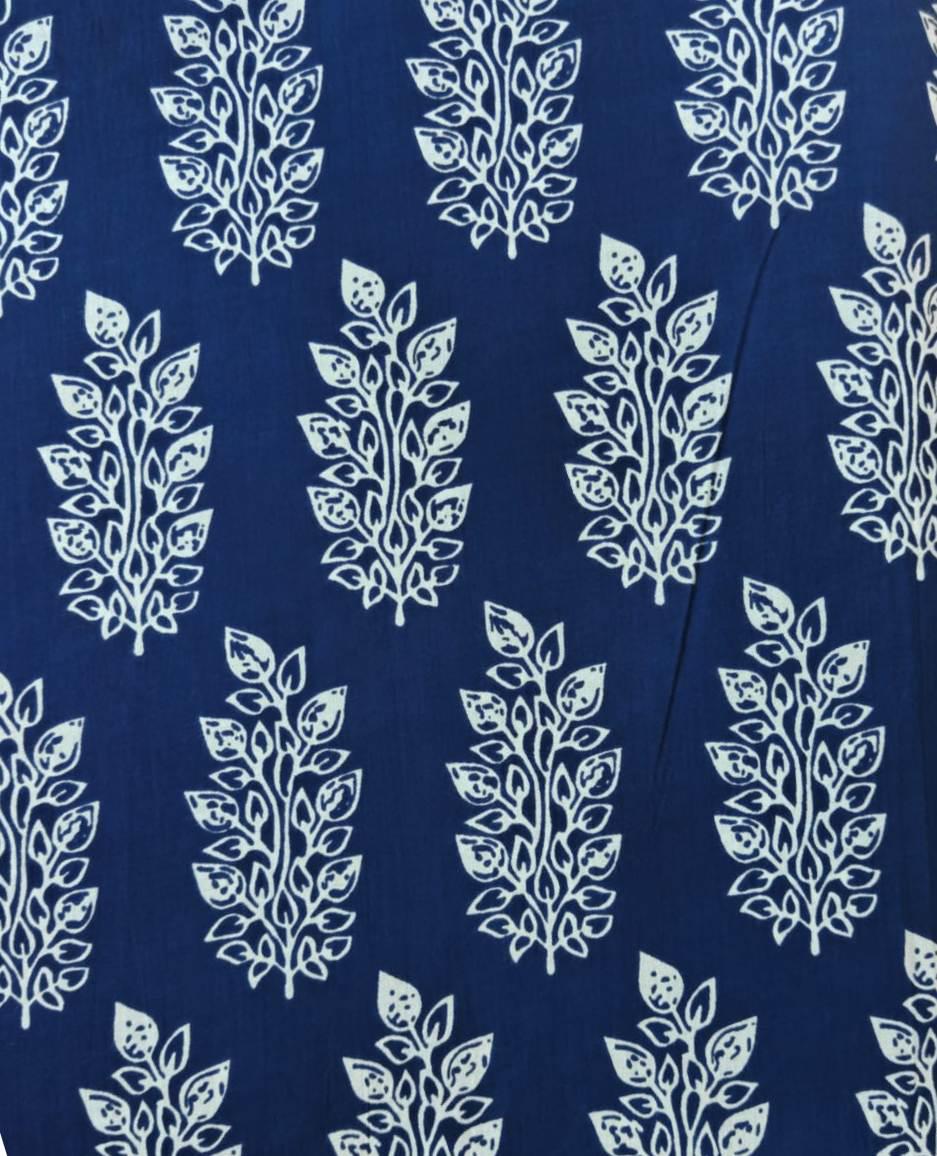 Navy Blue White Leaf Motif Cotton Fabric by the Yard, Floral Block Print Cotton Fabric, Indian Hand Block Style Fabric, Dressmaking Fabric