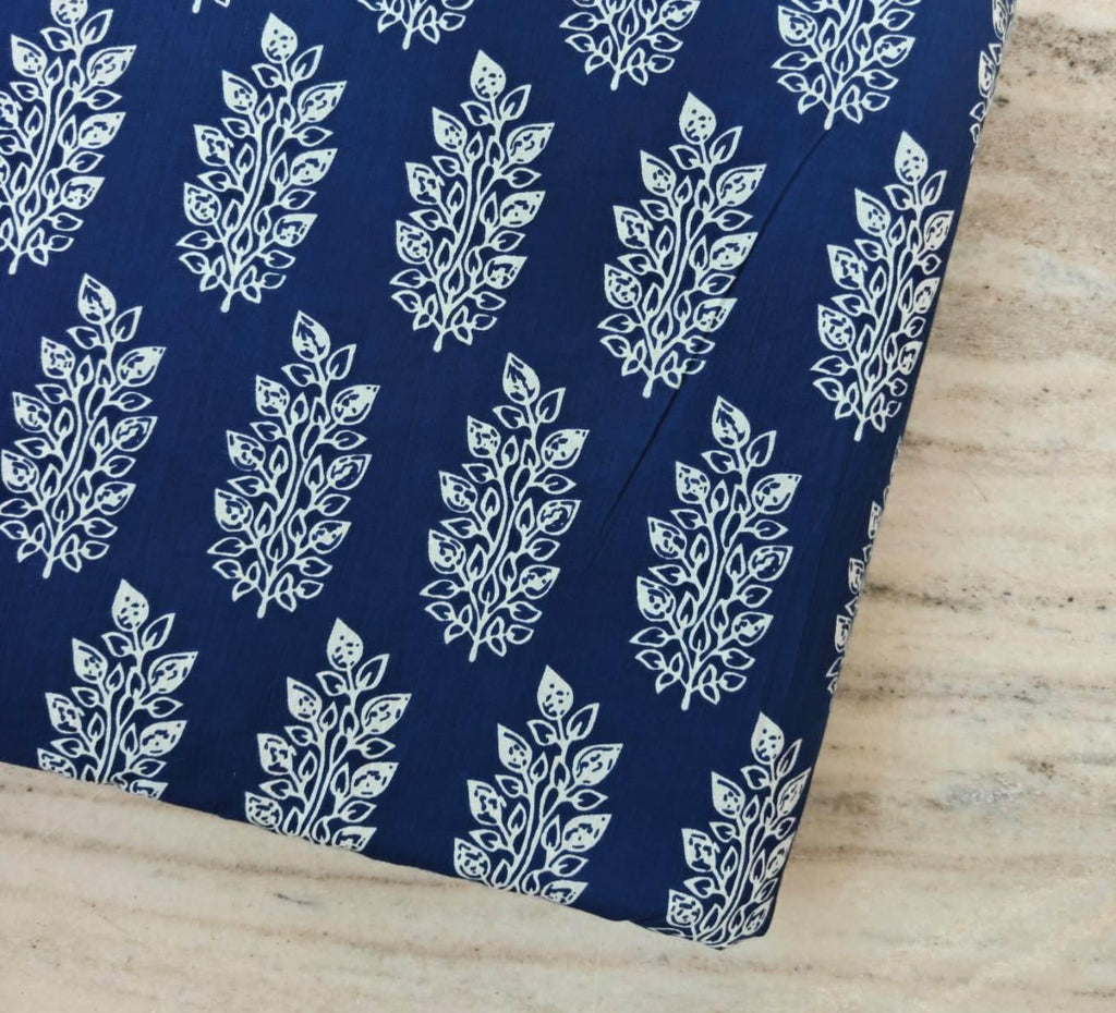 Navy Blue White Leaf Motif Cotton Fabric by the Yard, Floral Block Print Cotton Fabric, Indian Hand Block Style Fabric, Dressmaking Fabric