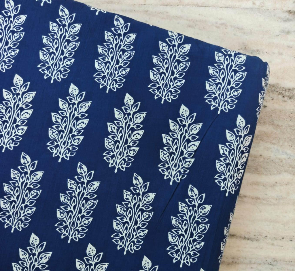 Navy Blue White Leaf Motif Cotton Fabric by the Yard, Floral Block Print Cotton Fabric, Indian Hand Block Style Fabric, Dressmaking Fabric
