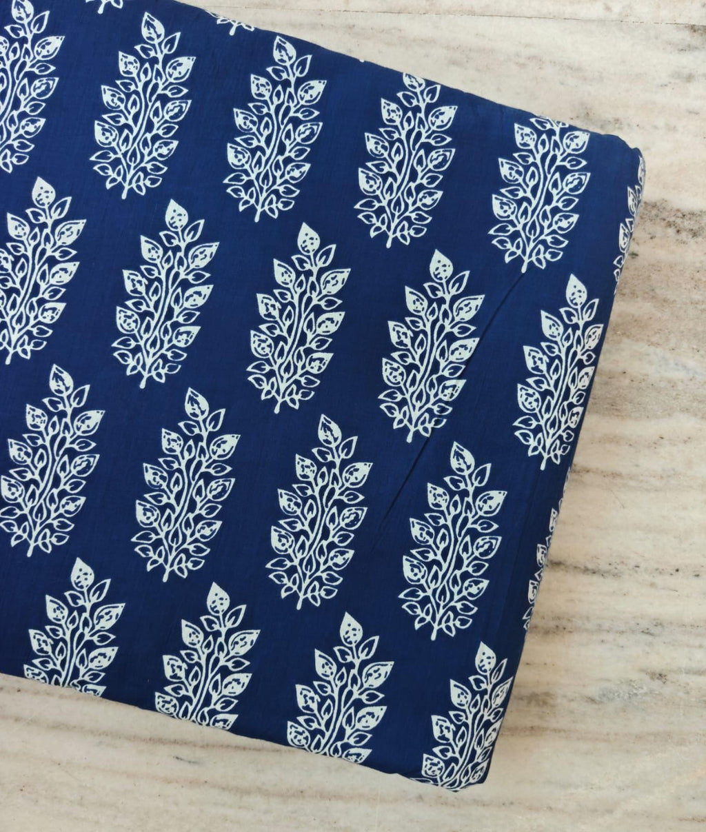 Navy Blue White Leaf Motif Cotton Fabric by the Yard, Floral Block Print Cotton Fabric, Indian Hand Block Style Fabric, Dressmaking Fabric