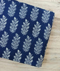 Navy Blue White Leaf Motif Cotton Fabric by the Yard, Floral Block Print Cotton Fabric, Indian Hand Block Style Fabric, Dressmaking Fabric