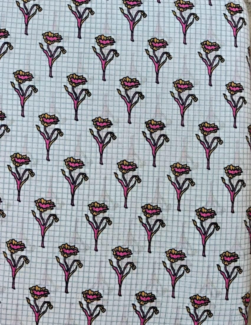 White Cotton Fabric by the Yard with Pink Floral Buti Print, Blue Checkered Background Fabric, Indian Block Print Cotton, Dressmaking Fabric