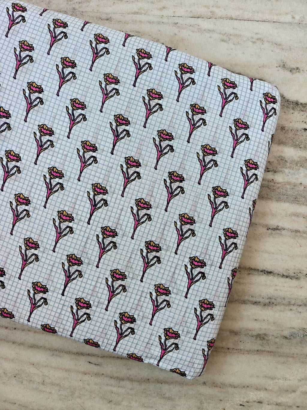 White Cotton Fabric by the Yard with Pink Floral Buti Print, Blue Checkered Background Fabric, Indian Block Print Cotton, Dressmaking Fabric