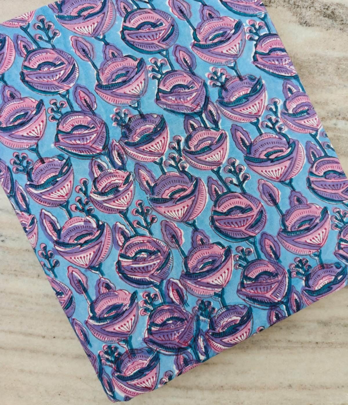 Blue Pink Floral Cotton Fabric by Yard, Hand Block Print Fabric, Indian Cotton Fabric, Quilting Fabric, Dress Sewing, Loose Running Fabric