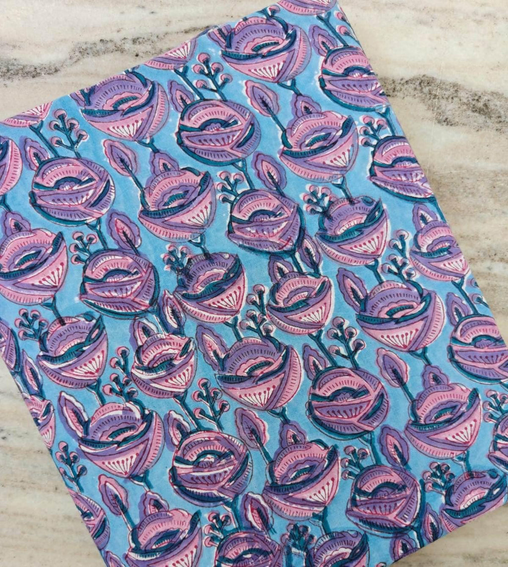 Blue Pink Floral Cotton Fabric by Yard, Hand Block Print Fabric, Indian Cotton Fabric, Quilting Fabric, Dress Sewing, Loose Running Fabric