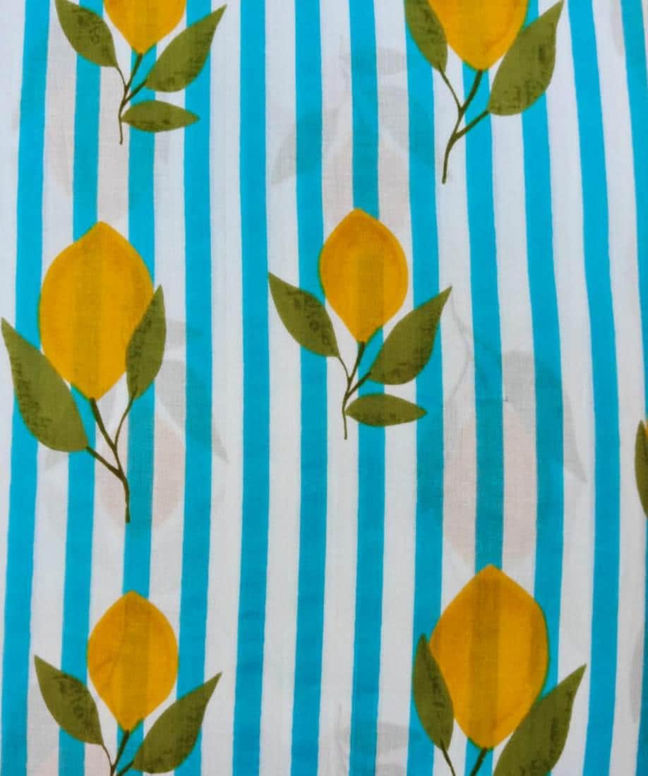 Blue & White Stripe Floral Cotton Fabric, Lemon Slice Hand Block Fabric Print by the Yard, Yellow Citrus Print on Striped Background