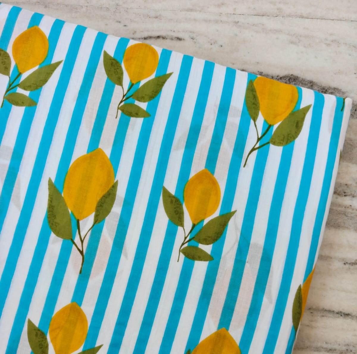 Blue & White Stripe Floral Cotton Fabric, Lemon Slice Hand Block Fabric Print by the Yard, Yellow Citrus Print on Striped Background