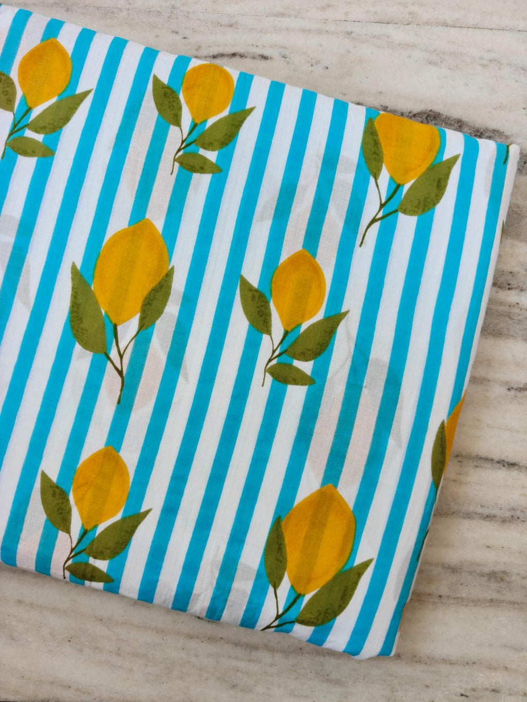 Blue & White Stripe Floral Cotton Fabric, Lemon Slice Hand Block Fabric Print by the Yard, Yellow Citrus Print on Striped Background