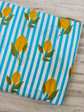Blue & White Stripe Floral Cotton Fabric, Lemon Slice Hand Block Fabric Print by the Yard, Yellow Citrus Print on Striped Background