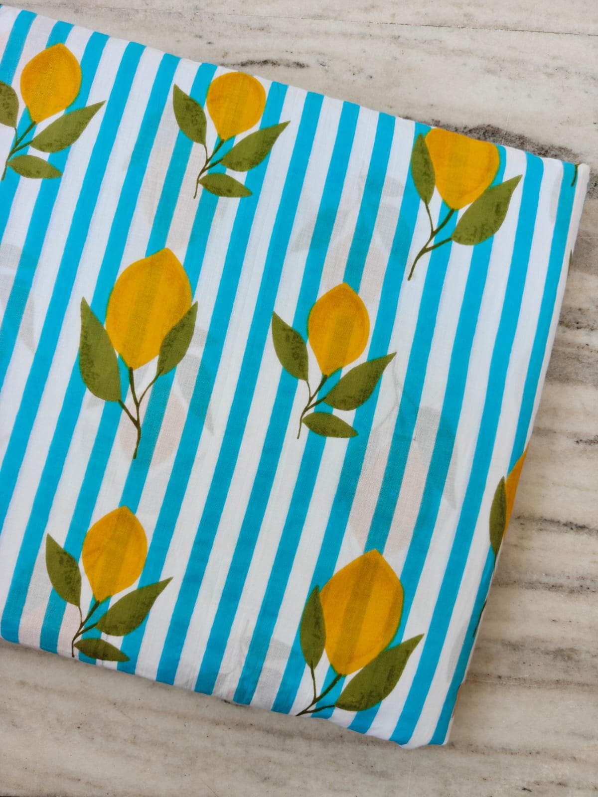 Blue & White Stripe Floral Cotton Fabric, Lemon Slice Hand Block Fabric Print by the Yard, Yellow Citrus Print on Striped Background