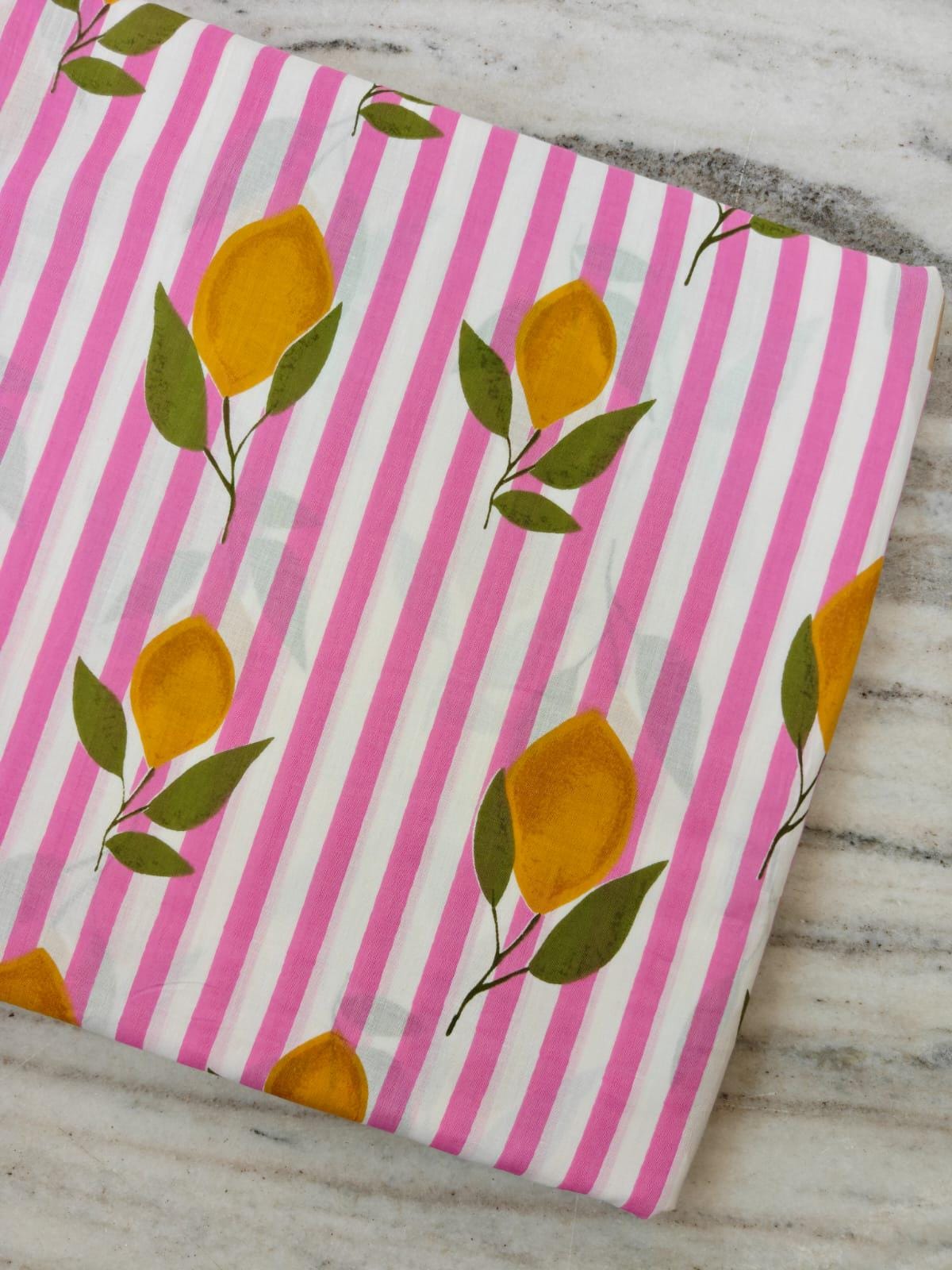 Pink & White Stripe Floral Cotton Fabric, Lemon Slice Hand Block Fabric Print by the Yard, Yellow Citrus Print Fabric, Summer Floral Fabric