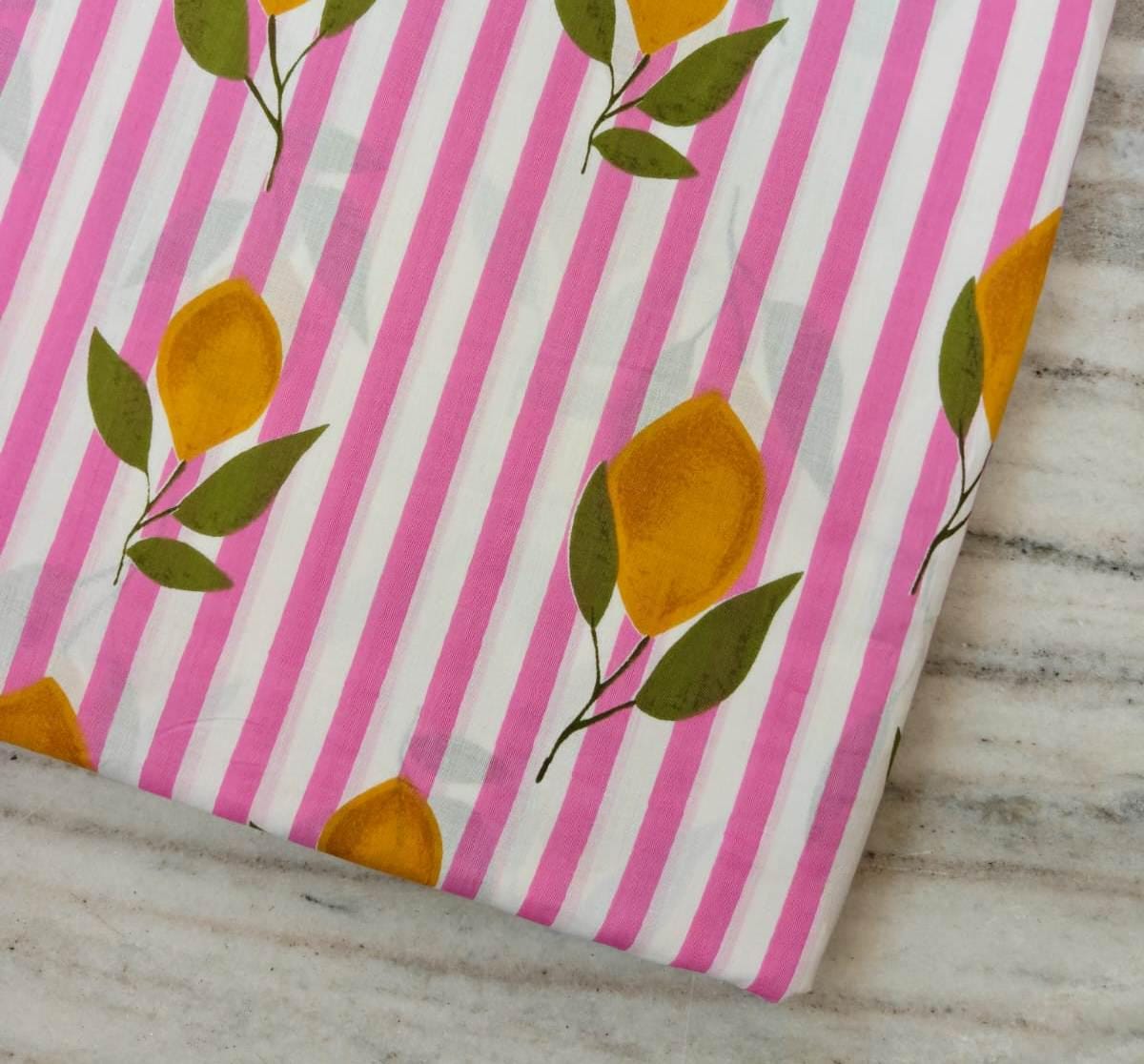 Pink & White Stripe Floral Cotton Fabric, Lemon Slice Hand Block Fabric Print by the Yard, Yellow Citrus Print Fabric, Summer Floral Fabric