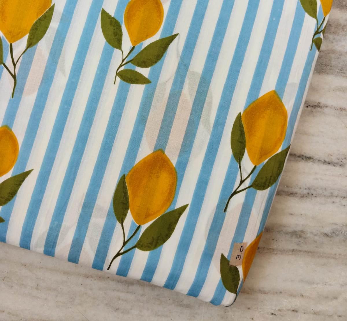 Sky Blue & White Stripe Lemon Cotton Fabric by the Yard, Citrus Print Cotton Fabric, Summer Fabric for Sewing, Dressmaking Home Decor