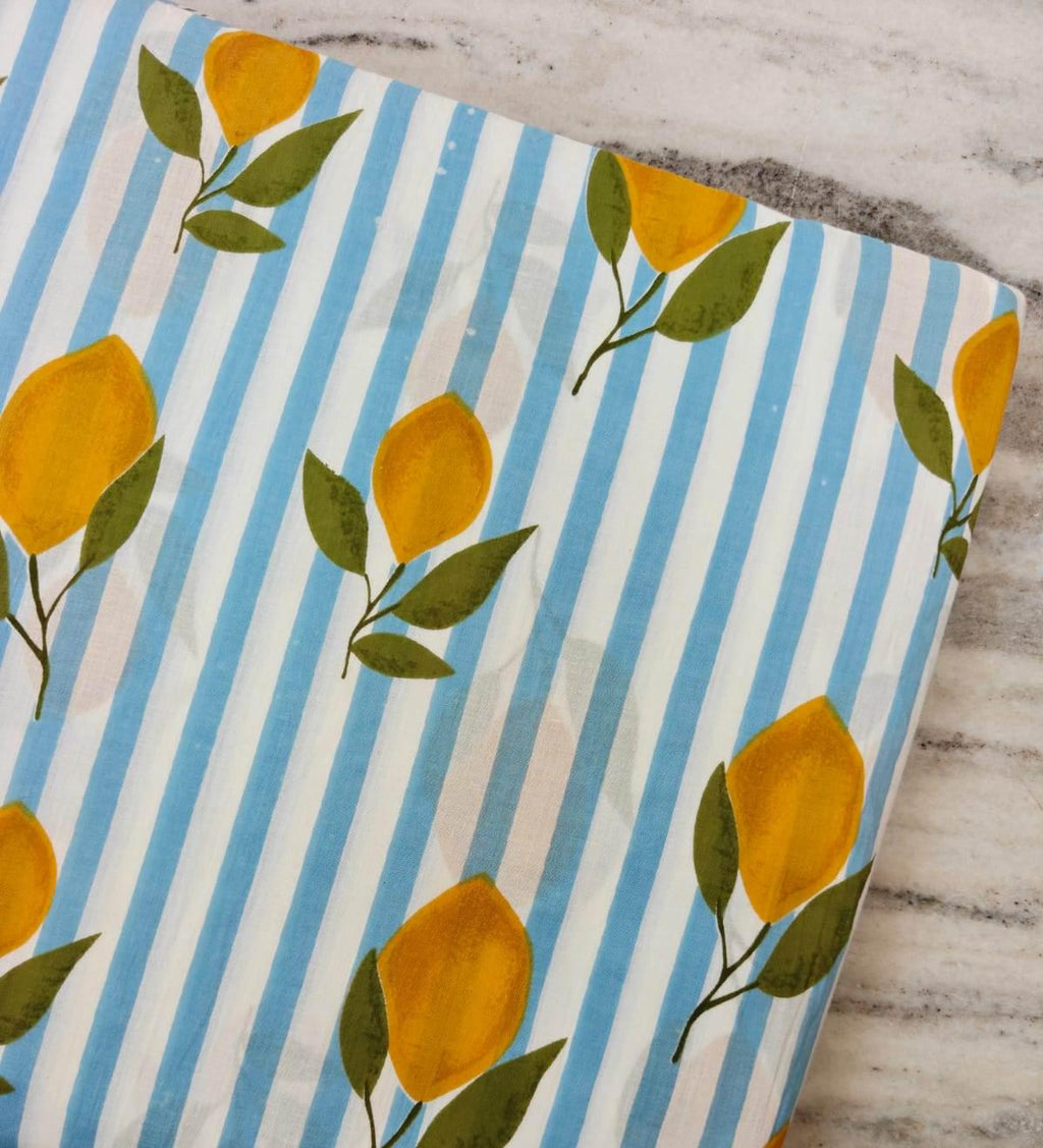 Sky Blue & White Stripe Lemon Cotton Fabric by the Yard, Citrus Print Cotton Fabric, Summer Fabric for Sewing, Dressmaking Home Decor