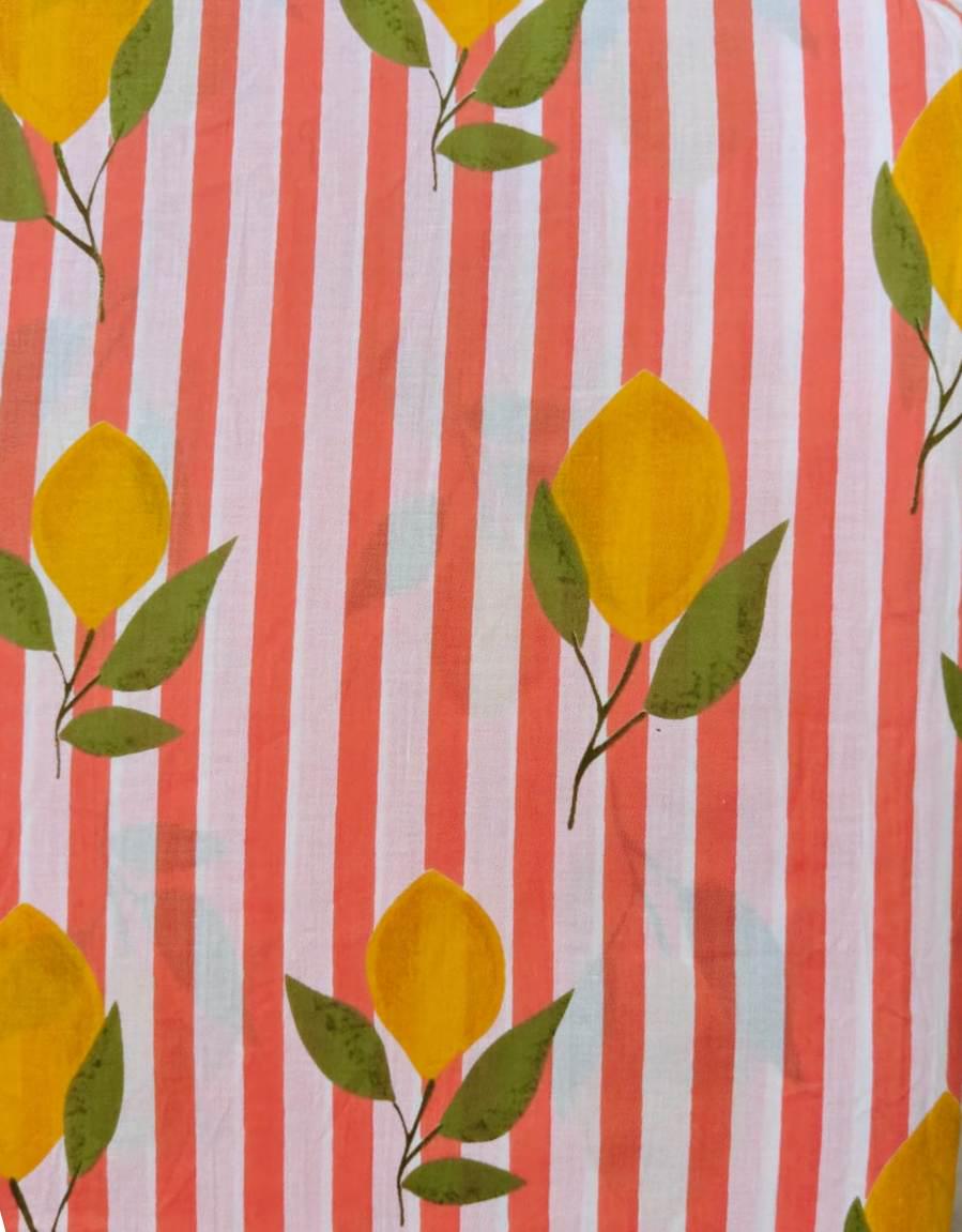 Coral Pink & White Stripe Lemon Cotton Fabric by the Yard, Yellow Citrus Botanical Print Fabric, Summer Quilting Fabric, Dressmaking