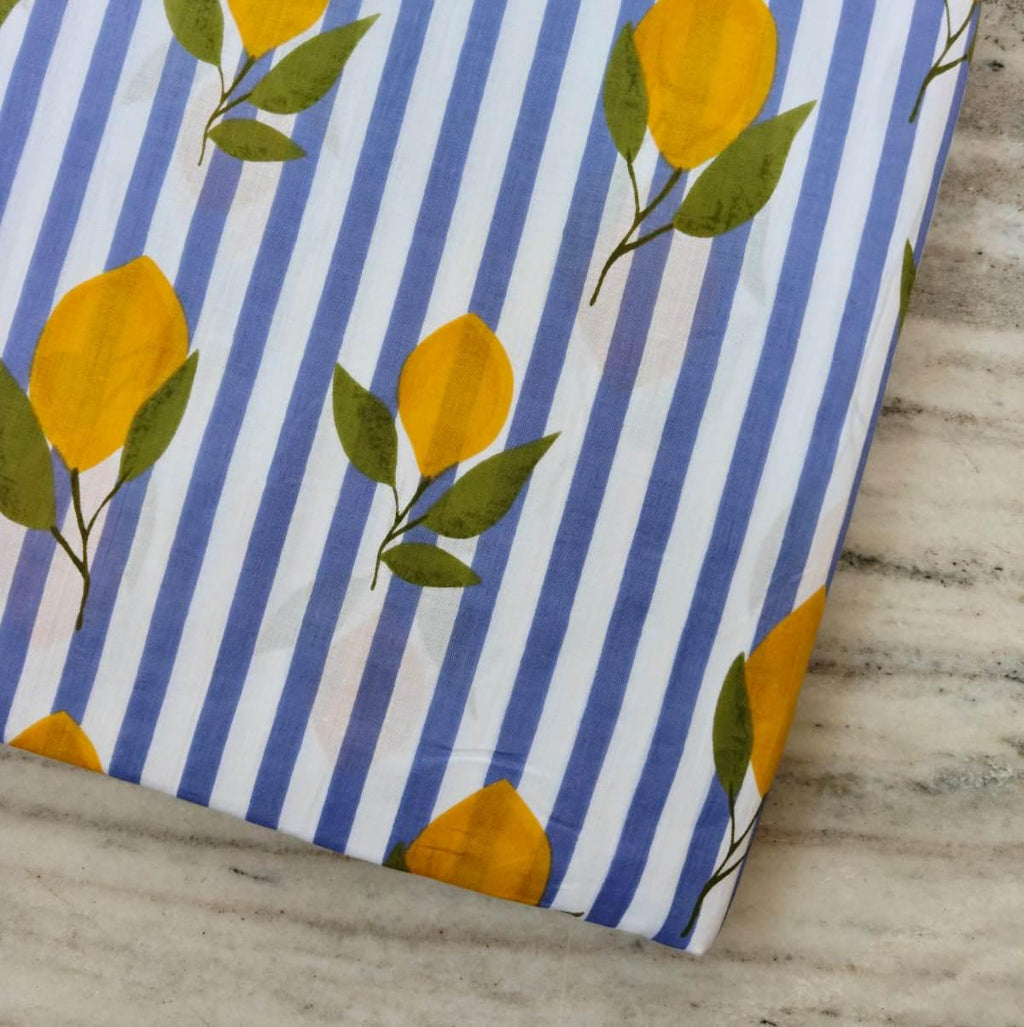 Royal Blue & White Stripe Lemon Cotton Fabric by the Yard, Yellow Citrus Botanical Print Fabric, Summer Quilting Fabric, Dressmaking Sewing