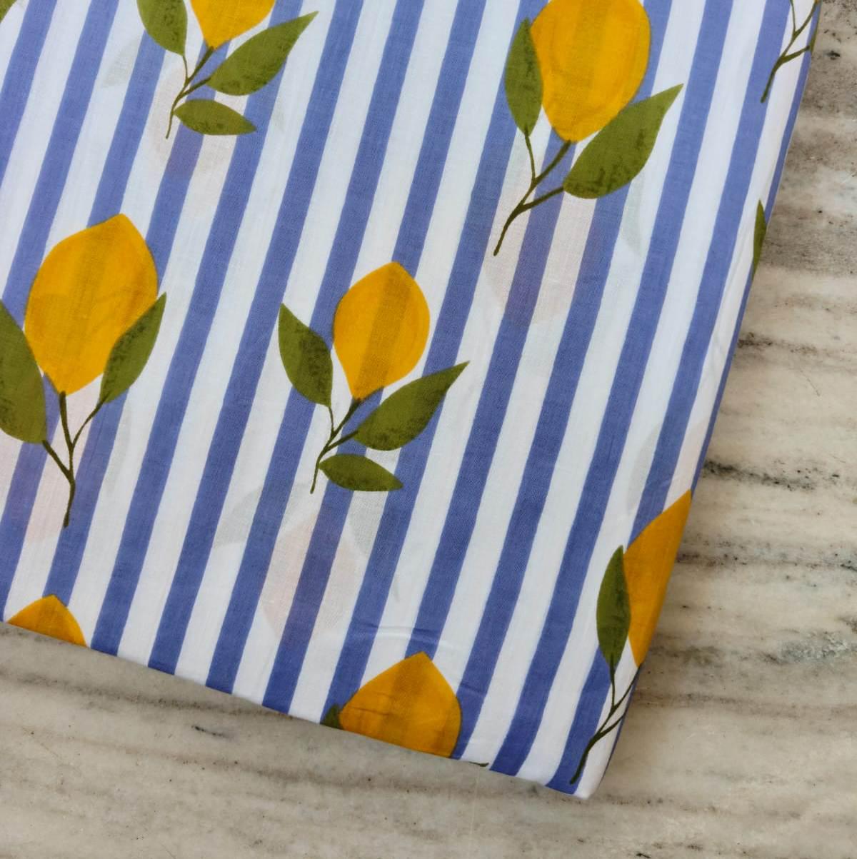 Royal Blue & White Stripe Lemon Cotton Fabric by the Yard, Yellow Citrus Botanical Print Fabric, Summer Quilting Fabric, Dressmaking Sewing