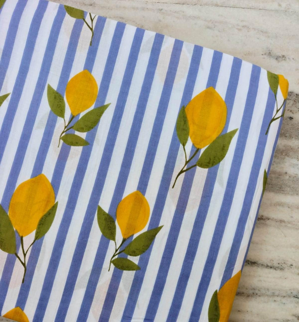 Royal Blue & White Stripe Lemon Cotton Fabric by the Yard, Yellow Citrus Botanical Print Fabric, Summer Quilting Fabric, Dressmaking Sewing