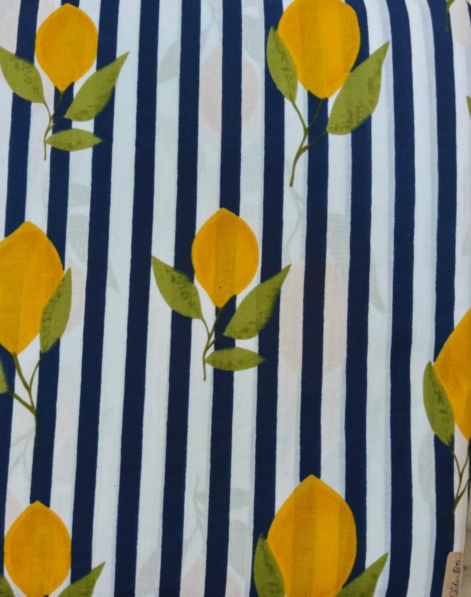 Navy Blue & White Stripe Lemon Cotton Fabric by the Yard, Yellow Citrus Botanical Print Fabric, Summer Cotton Sewing Fabric,, Dressmaking