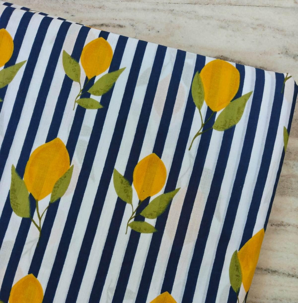Navy Blue & White Stripe Lemon Cotton Fabric by the Yard, Yellow Citrus Botanical Print Fabric, Summer Cotton Sewing Fabric,, Dressmaking