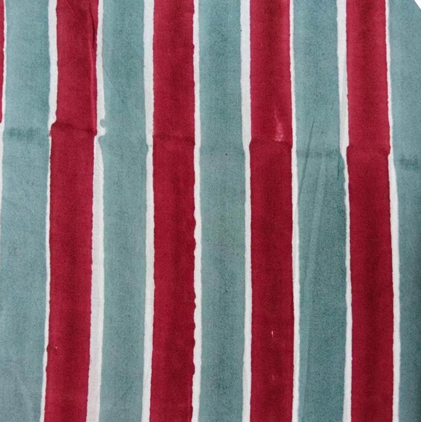 Red & Sage Green Striped Cotton Fabric by the Yard, Hand Block Print Cotton Fabric, Quilting Fabric, Sewing, Home Decor Running Fabric