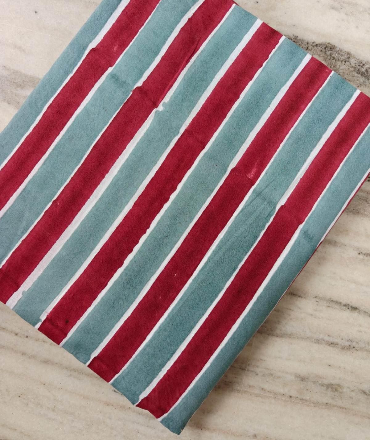 Red & Sage Green Striped Cotton Fabric by the Yard, Hand Block Print Cotton Fabric, Quilting Fabric, Sewing, Home Decor Running Fabric