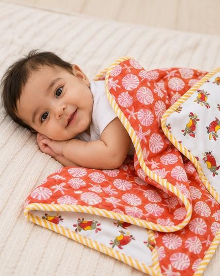 Reversible Baby Dohar Cotton Blanket, Muslin Baby Quilt, Orange Seashell Print Baby Blanket, Summer Toddler Blanket, Newborn Gift