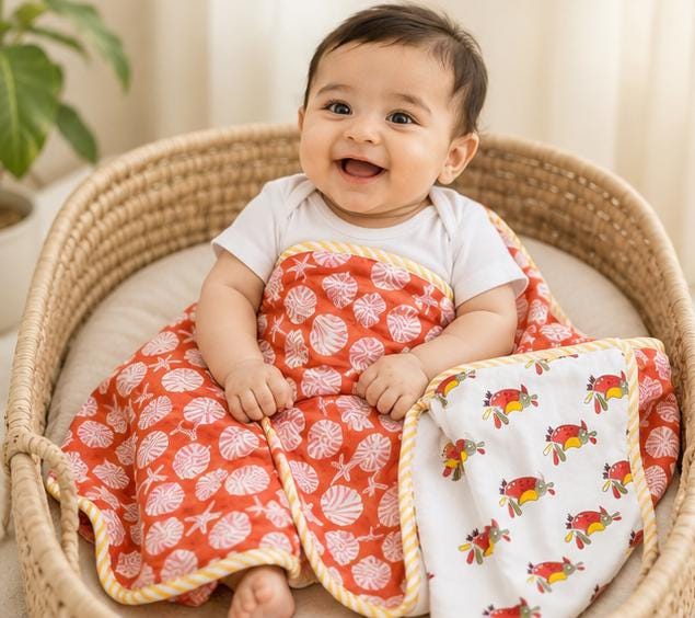 Reversible Baby Dohar Cotton Blanket, Muslin Baby Quilt, Orange Seashell Print Baby Blanket, Summer Toddler Blanket, Newborn Gift