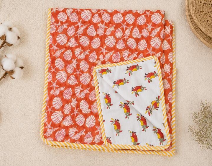 Reversible Baby Dohar Cotton Blanket, Muslin Baby Quilt, Orange Seashell Print Baby Blanket, Summer Toddler Blanket, Newborn Gift