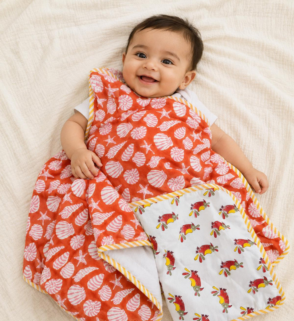 Reversible Baby Dohar Cotton Blanket, Muslin Baby Quilt, Orange Seashell Print Baby Blanket, Summer Toddler Blanket, Newborn Gift