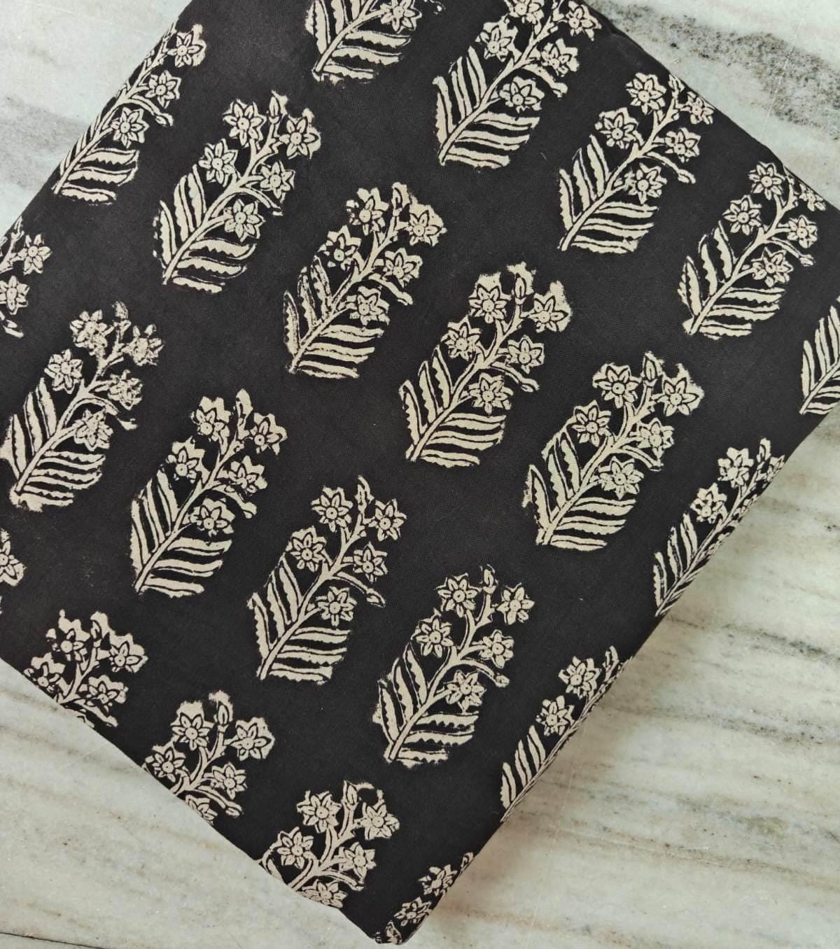 Black Color Indian Hand Block Print Fabric, Floral 100% Cotton Quilting Fabric By The Yard, Dressmaking Fabric, Napkins Fabric, Loose Fabric