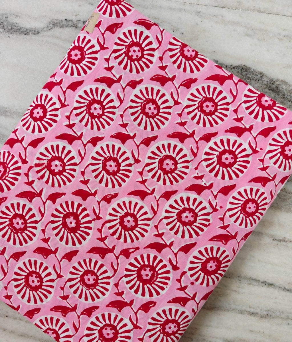 Pink Red Floral Hand Block Print Cotton Fabric by the Yard, Daisy Flower Indian Cotton Fabric for Quilting, Sewing Dressmaking, Loose Fabric