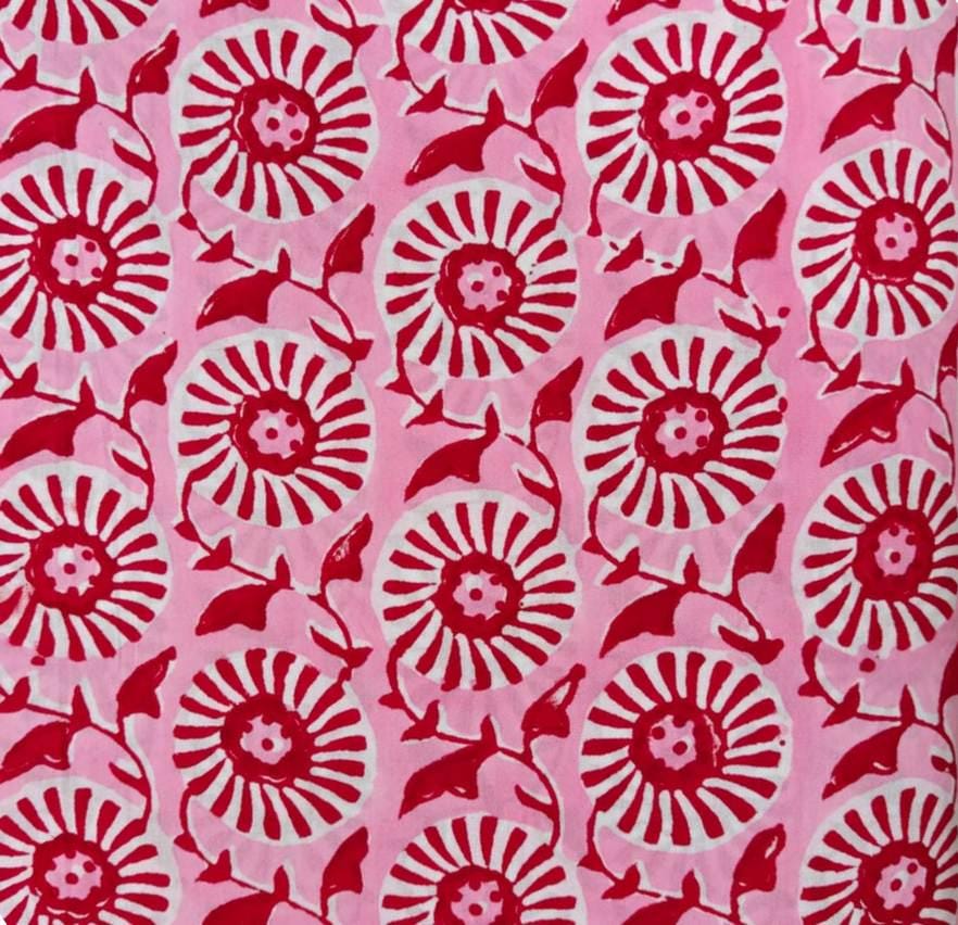 Pink Red Floral Hand Block Print Cotton Fabric by the Yard, Daisy Flower Indian Cotton Fabric for Quilting, Sewing Dressmaking, Loose Fabric