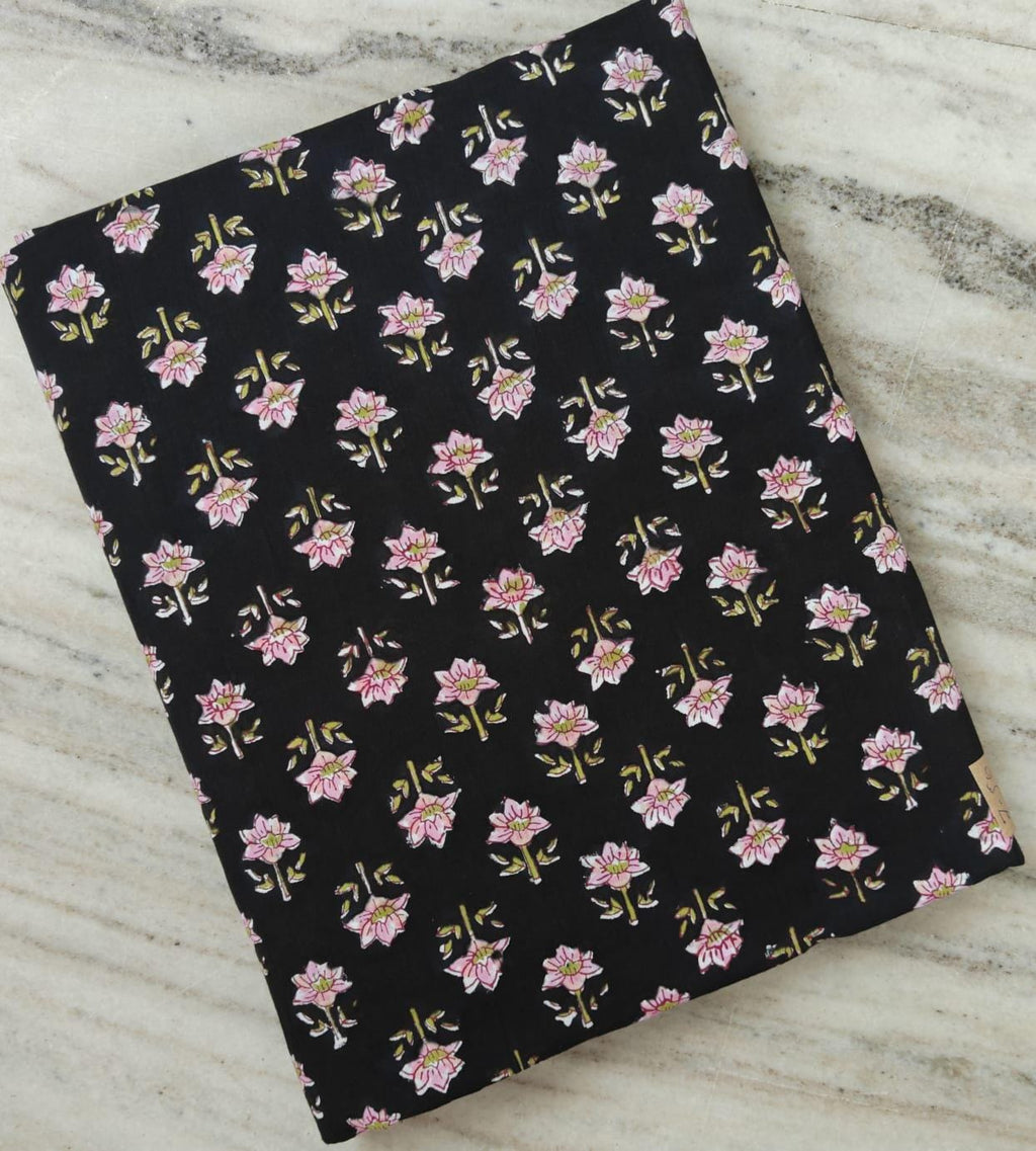 Black Cotton Floral Fabric by the Yard, Pink Block Print Cotton Fabric, Indian Hand Block Print Fabric, Soft Cotton Dress Material Fabric