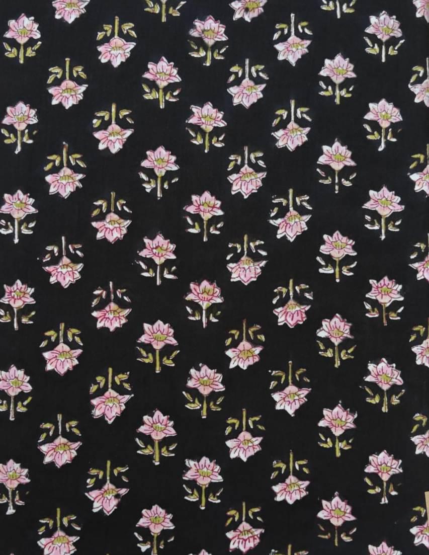 Black Cotton Floral Fabric by the Yard, Pink Block Print Cotton Fabric, Indian Hand Block Print Fabric, Soft Cotton Dress Material Fabric