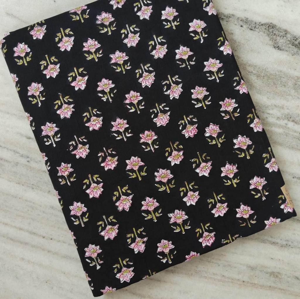 Black Cotton Floral Fabric by the Yard, Pink Block Print Cotton Fabric, Indian Hand Block Print Fabric, Soft Cotton Dress Material Fabric