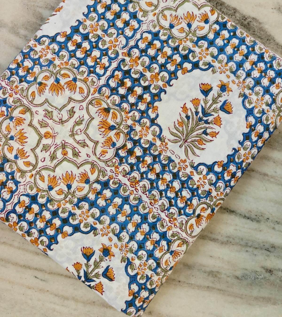 Blue Floral Cotton Fabric by the Yard, Indian Hand Block Print Cotton Fabric, Vintage Cotton Fabric, Soft Dressmaking Fabric, Sewing Fabric