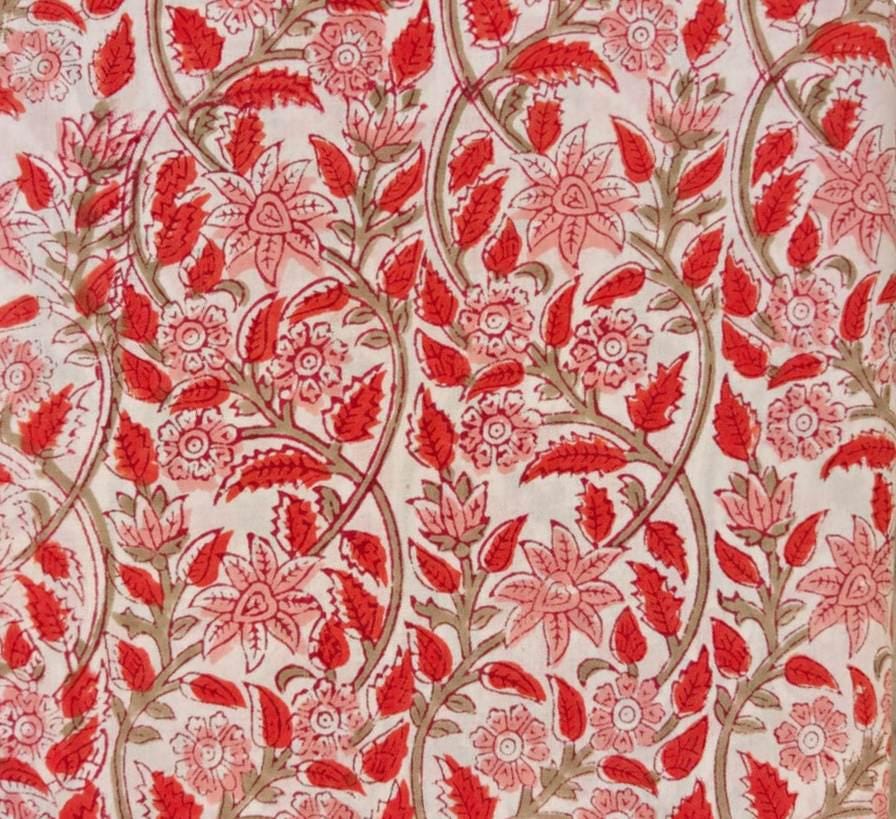Red Floral Vine Block Print Cotton Fabric by the Yard, Indian Hand Block Print Fabric, Soft Cotton Sewing Fabric, Dressmaking, Craft Textile