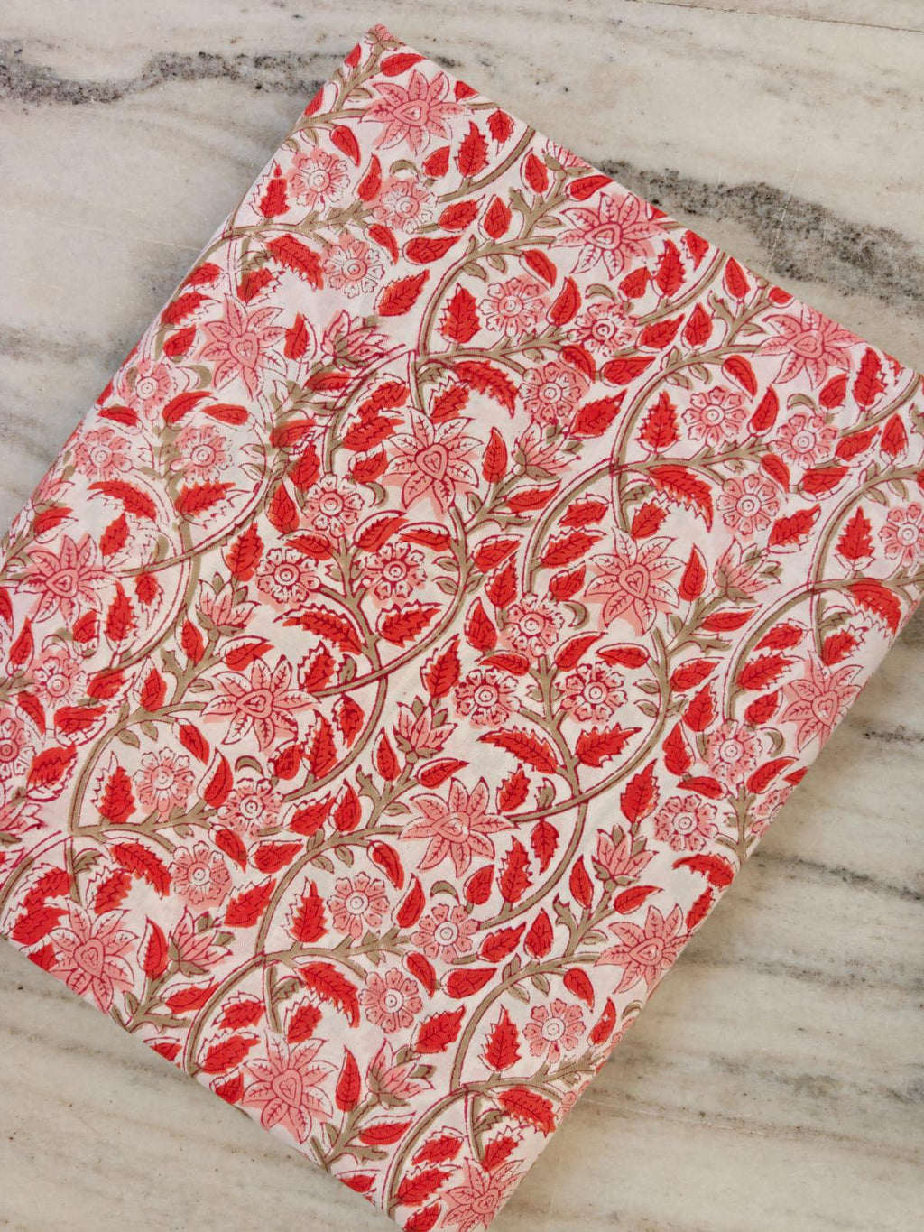Red Floral Vine Block Print Cotton Fabric by the Yard, Indian Hand Block Print Fabric, Soft Cotton Sewing Fabric, Dressmaking, Craft Textile