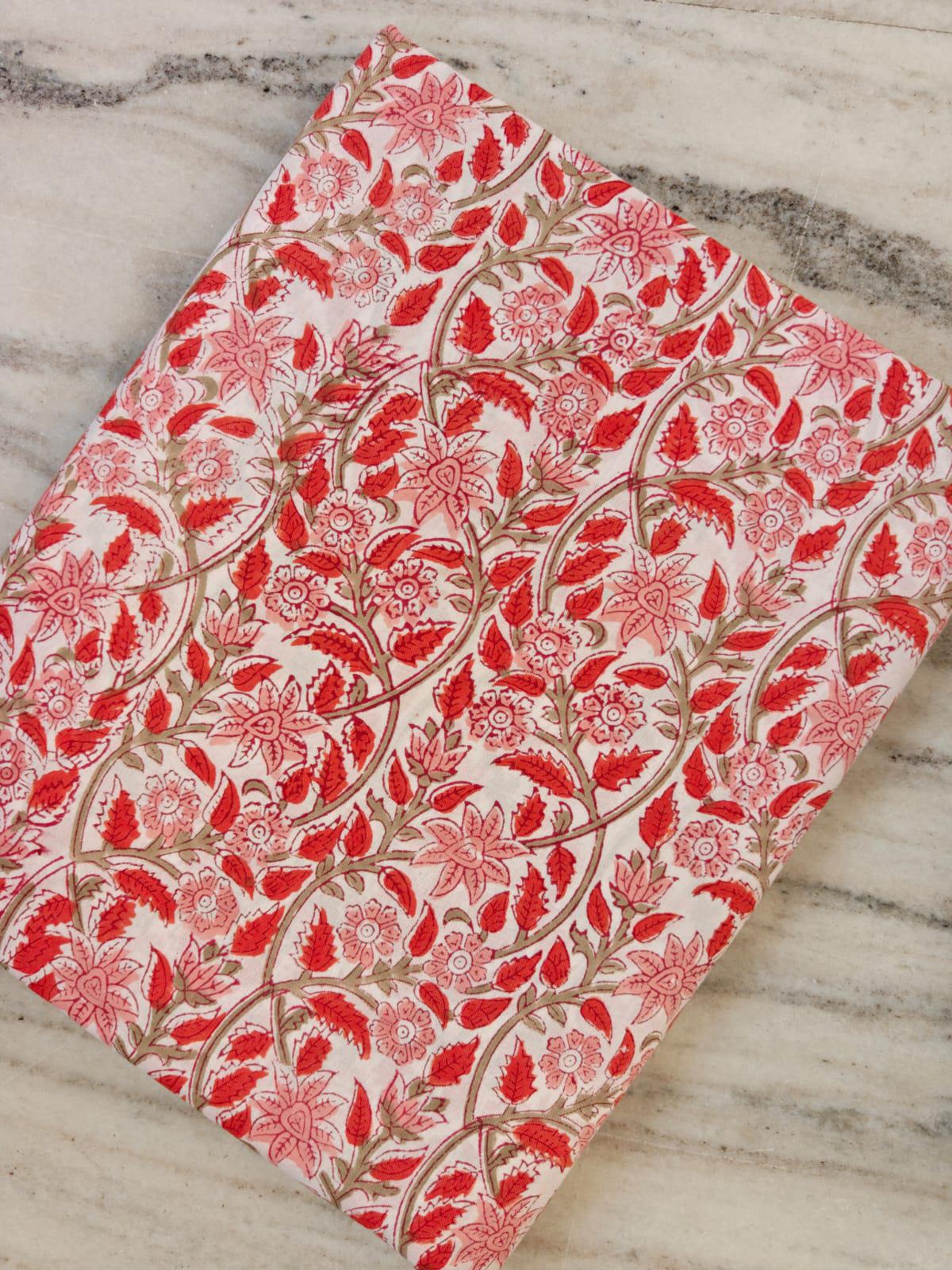 Red Floral Vine Block Print Cotton Fabric by the Yard, Indian Hand Block Print Fabric, Soft Cotton Sewing Fabric, Dressmaking, Craft Textile