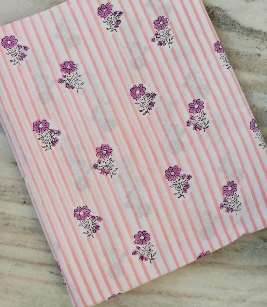 Pink Striped Floral Cotton Fabric by the Yard, Indian Hand Block Print Fabric, Soft Cotton Fabric for Quilting, Dressmaking & Home Decor