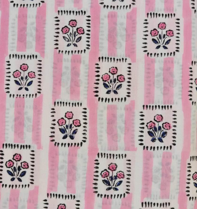 Pink Floral Block Print Cotton Fabric by the Yard, Soft Handmade Cotton Fabric, Indian Cotton Textile, Floral Stripe Dressmaking Fabric